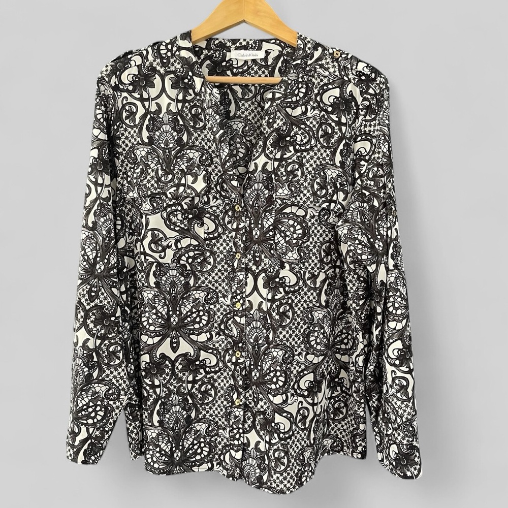 Calvin Klein Womens Floral Top Size Large Long Tab Sleeve Office Career Mature